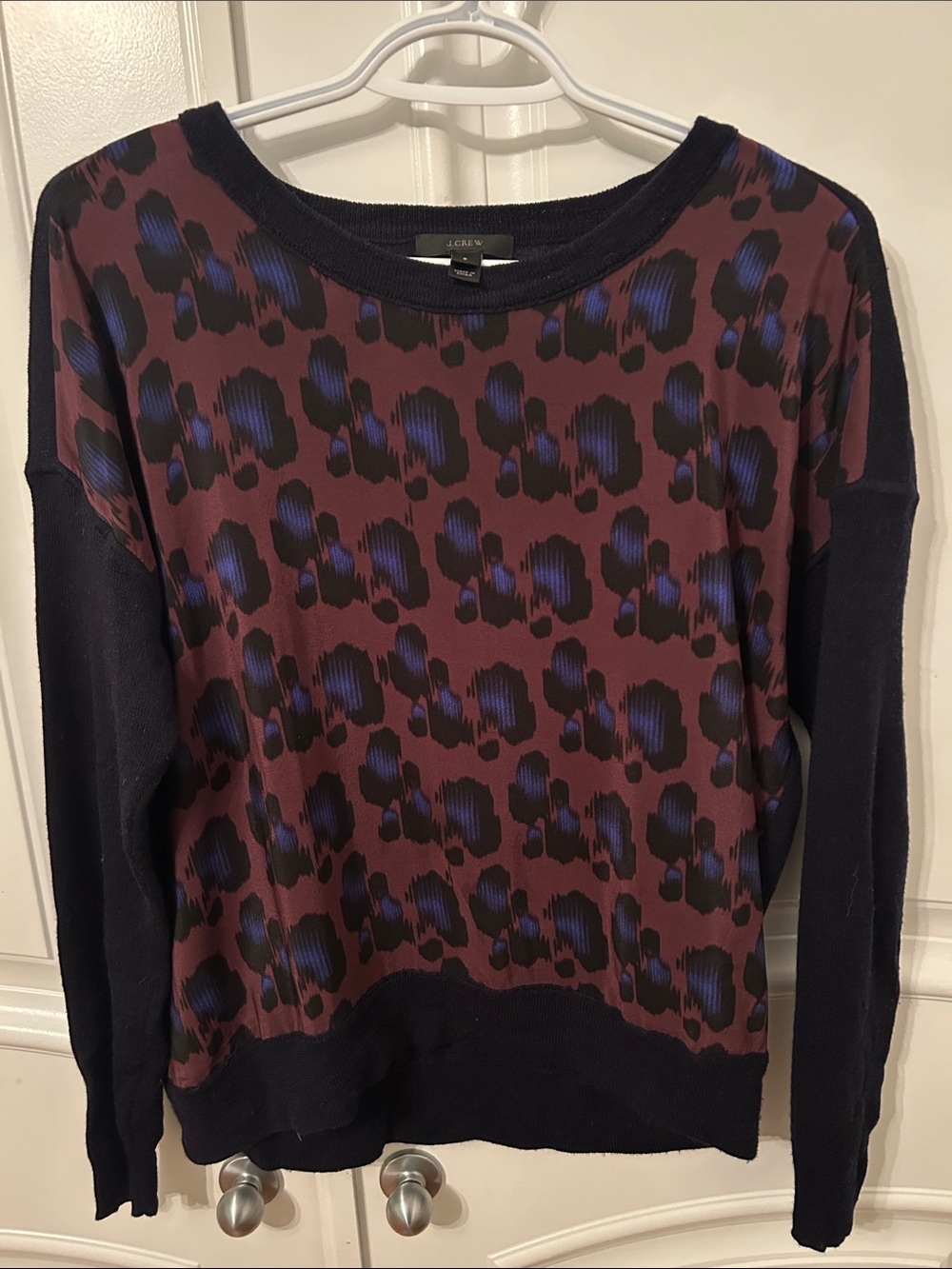 J. Crew Silk and Merino Maroon and Navy Leopard Print Sweater